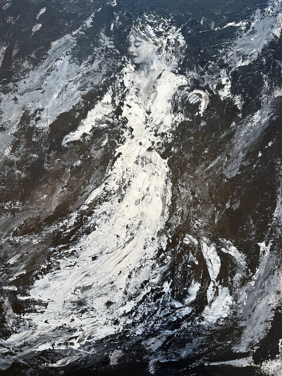 Poster art for About Isobel — an expressionist painting in black, white, and gray